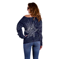 Odin Silhouette with Raven and Valknut Off Shoulder Sweater Nordic Mythology Line Art Illustration