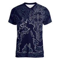 Odin Silhouette with Raven and Valknut Women V-Neck T-Shirt Nordic Mythology Line Art Illustration