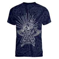 Odin Silhouette with Raven and Valknut Women V-Neck T-Shirt Nordic Mythology Line Art Illustration