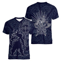 Odin Silhouette with Raven and Valknut Women V-Neck T-Shirt Nordic Mythology Line Art Illustration
