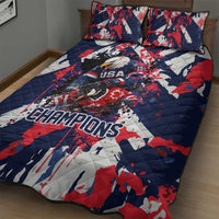 USA Ice Hockey Champions Eagle Quilt Bed Set Patriotic Paint Splash Graffiti Art