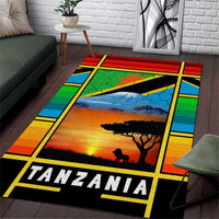 African Sunset Design Area Rug with Flag Map Mount Kilimanjaro and Wildlife Scene