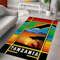 African Sunset Design Area Rug with Flag Map Mount Kilimanjaro and Wildlife Scene