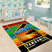 African Sunset Design Area Rug with Flag Map Mount Kilimanjaro and Wildlife Scene