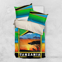 African Sunset Design Bedding Set with Flag Map Mount Kilimanjaro and Wildlife Scene