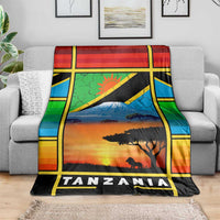African Sunset Design Blanket with Flag Map Mount Kilimanjaro and Wildlife Scene