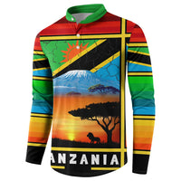 African Sunset Design Button Sweatshirt with Flag Map Mount Kilimanjaro and Wildlife Scene