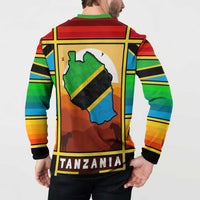 African Sunset Design Button Sweatshirt with Flag Map Mount Kilimanjaro and Wildlife Scene
