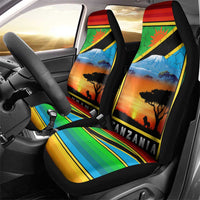 African Sunset Design Car Seat Cover with Flag Map Mount Kilimanjaro and Wildlife Scene
