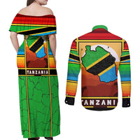 African Sunset Design Couples Matching Off Shoulder Maxi Dress and Long Sleeve Button Shirt with Flag Map Mount Kilimanjaro and Wildlife Scene