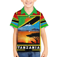 African Sunset Design Family Matching Summer Maxi Dress and Hawaiian Shirt with Flag Map Mount Kilimanjaro and Wildlife Scene