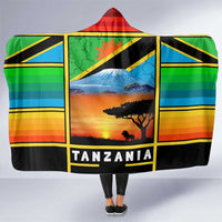 African Sunset Design Hooded Blanket with Flag Map Mount Kilimanjaro and Wildlife Scene