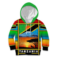 African Sunset Design Kid Hoodie with Flag Map Mount Kilimanjaro and Wildlife Scene