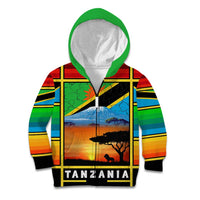 African Sunset Design Kid Hoodie with Flag Map Mount Kilimanjaro and Wildlife Scene