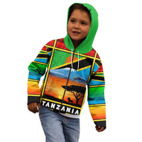 African Sunset Design Kid Hoodie with Flag Map Mount Kilimanjaro and Wildlife Scene