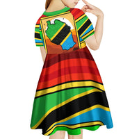 African Sunset Design Kid Short Sleeve Dress with Flag Map Mount Kilimanjaro and Wildlife Scene
