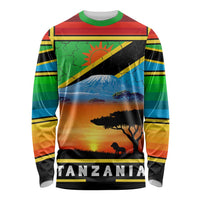 African Sunset Design Long Sleeve Shirt with Flag Map Mount Kilimanjaro and Wildlife Scene