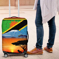 African Sunset Design Luggage Cover with Flag Map Mount Kilimanjaro and Wildlife Scene