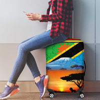 African Sunset Design Luggage Cover with Flag Map Mount Kilimanjaro and Wildlife Scene