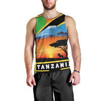 African Sunset Design Men Tank Top with Flag Map Mount Kilimanjaro and Wildlife Scene