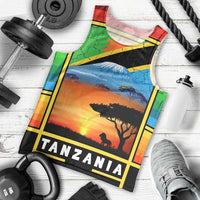 African Sunset Design Men Tank Top with Flag Map Mount Kilimanjaro and Wildlife Scene