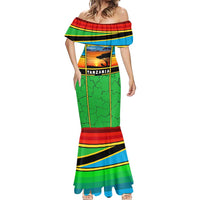 African Sunset Design Mermaid Dress with Flag Map Mount Kilimanjaro and Wildlife Scene