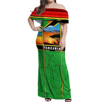 African Sunset Design Off Shoulder Maxi Dress with Flag Map Mount Kilimanjaro and Wildlife Scene
