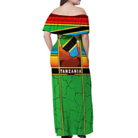 African Sunset Design Off Shoulder Maxi Dress with Flag Map Mount Kilimanjaro and Wildlife Scene