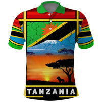 African Sunset Design Polo Shirt with Flag Map Mount Kilimanjaro and Wildlife Scene