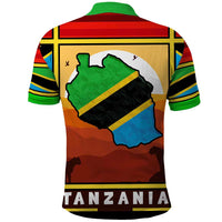 African Sunset Design Polo Shirt with Flag Map Mount Kilimanjaro and Wildlife Scene