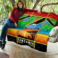 African Sunset Design Quilt with Flag Map Mount Kilimanjaro and Wildlife Scene
