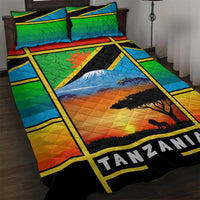 African Sunset Design Quilt Bed Set with Flag Map Mount Kilimanjaro and Wildlife Scene