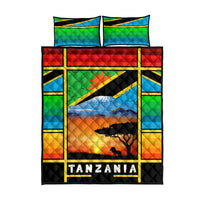 African Sunset Design Quilt Bed Set with Flag Map Mount Kilimanjaro and Wildlife Scene