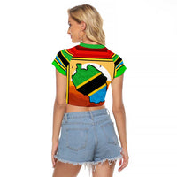African Sunset Design Raglan Cropped T Shirt with Flag Map Mount Kilimanjaro and Wildlife Scene
