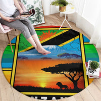 African Sunset Design Round Carpet with Flag Map Mount Kilimanjaro and Wildlife Scene