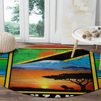African Sunset Design Round Carpet with Flag Map Mount Kilimanjaro and Wildlife Scene