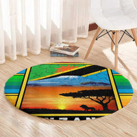 African Sunset Design Round Carpet with Flag Map Mount Kilimanjaro and Wildlife Scene