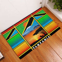 African Sunset Design Rubber Doormat with Flag Map Mount Kilimanjaro and Wildlife Scene
