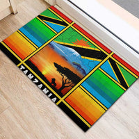 African Sunset Design Rubber Doormat with Flag Map Mount Kilimanjaro and Wildlife Scene