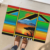 African Sunset Design Rubber Doormat with Flag Map Mount Kilimanjaro and Wildlife Scene