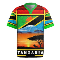 African Sunset Design Rugby Jersey with Flag Map Mount Kilimanjaro and Wildlife Scene