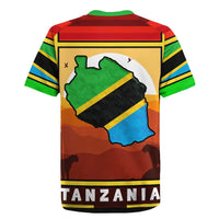 African Sunset Design Rugby Jersey with Flag Map Mount Kilimanjaro and Wildlife Scene