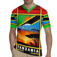 African Sunset Design Rugby Jersey with Flag Map Mount Kilimanjaro and Wildlife Scene