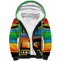 African Sunset Design Sherpa Hoodie with Flag Map Mount Kilimanjaro and Wildlife Scene