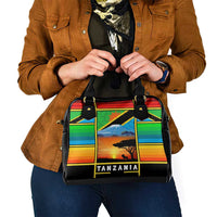 African Sunset Design Shoulder Handbag with Flag Map Mount Kilimanjaro and Wildlife Scene