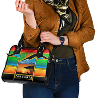 African Sunset Design Shoulder Handbag with Flag Map Mount Kilimanjaro and Wildlife Scene