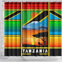 African Sunset Design Shower Curtain with Flag Map Mount Kilimanjaro and Wildlife Scene