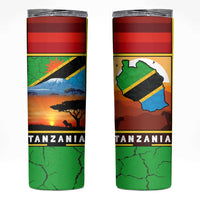African Sunset Design Skinny Tumbler with Flag Map Mount Kilimanjaro and Wildlife Scene