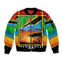 African Sunset Design Sleeve Zip Bomber Jacket with Flag Map Mount Kilimanjaro and Wildlife Scene