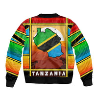 African Sunset Design Sleeve Zip Bomber Jacket with Flag Map Mount Kilimanjaro and Wildlife Scene